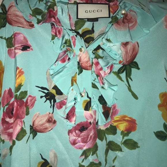 Gucci Couture Ruffle Turquoise Floral Blouse - Picture 5 of 8